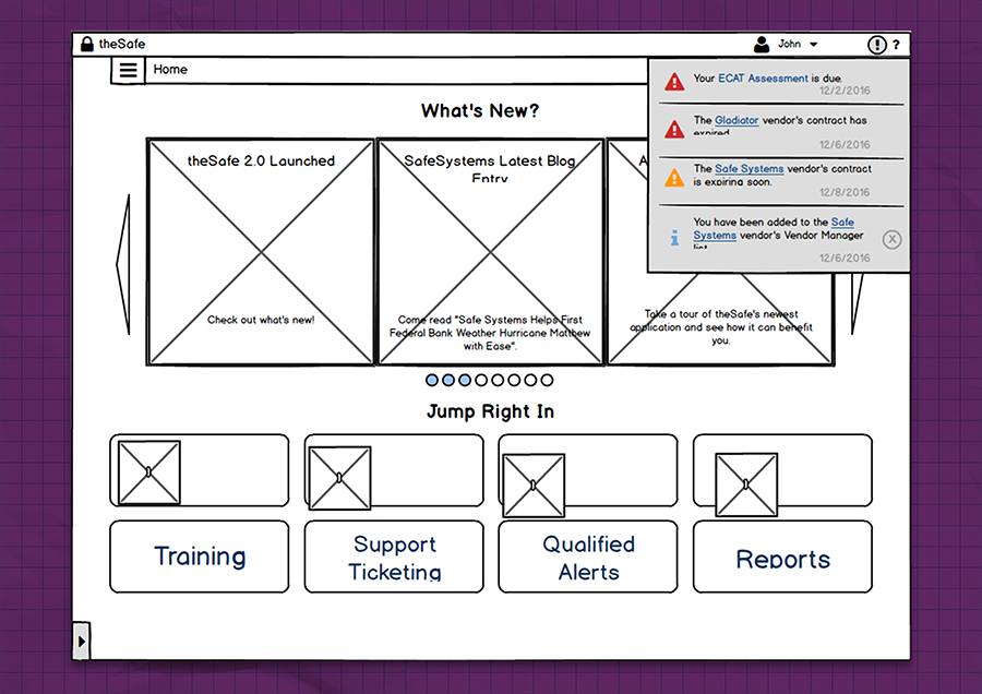 A wireframe of the home view on the portal